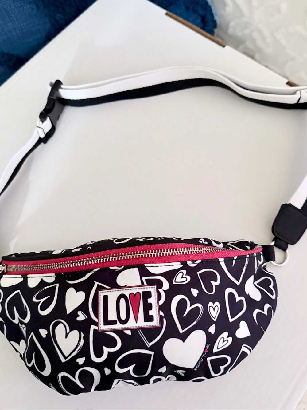Brighton Black & White Heart-Print Mini Waist Bag with Pink Zip